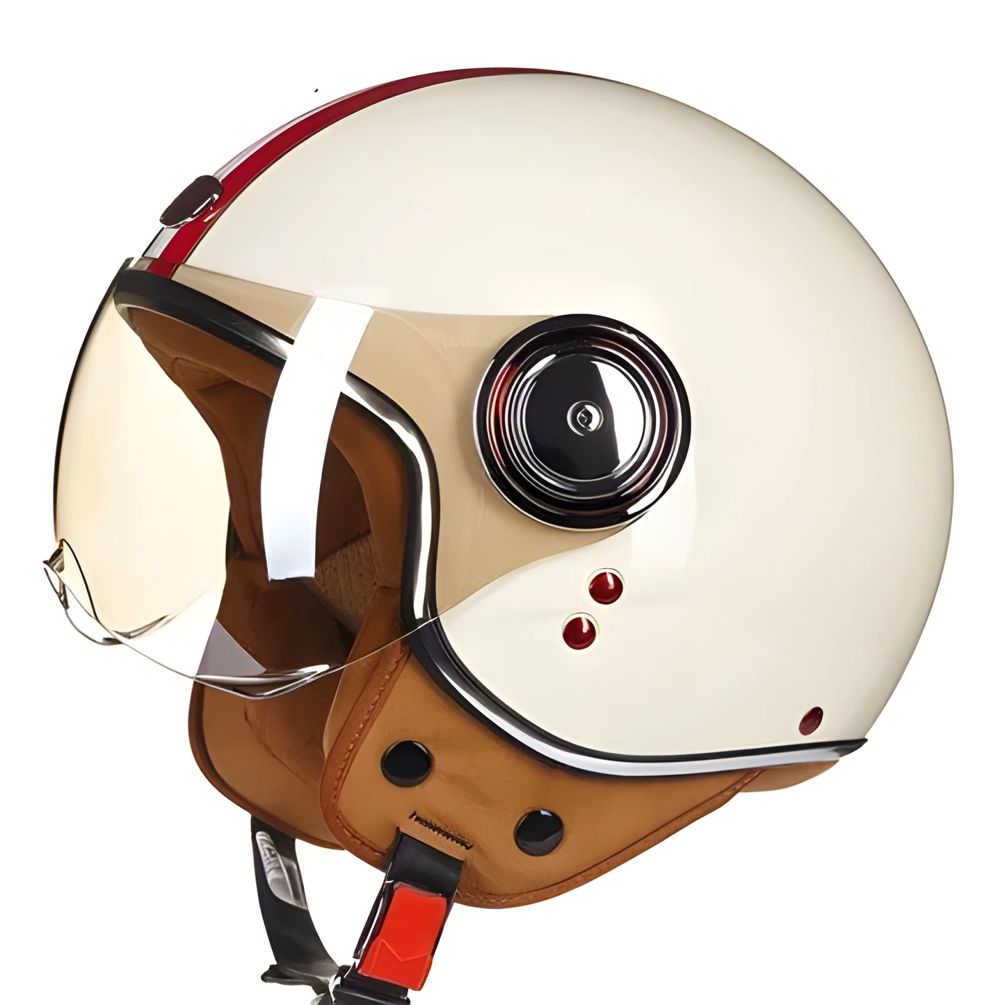 White, red, and green scrambling motorcycle half helmet with ABS plastic shell.