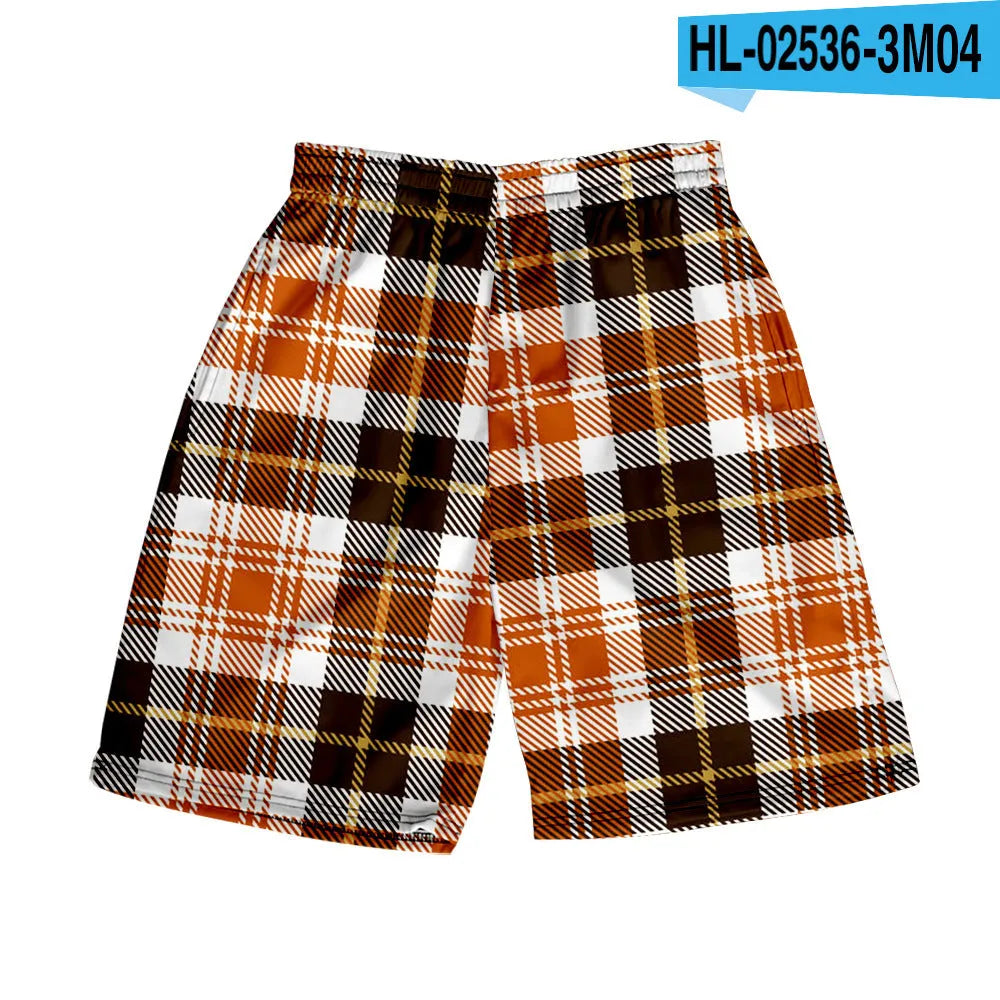 Men's plaid pattern casual shorts with an elastic waistband, shown in a straight leg design.