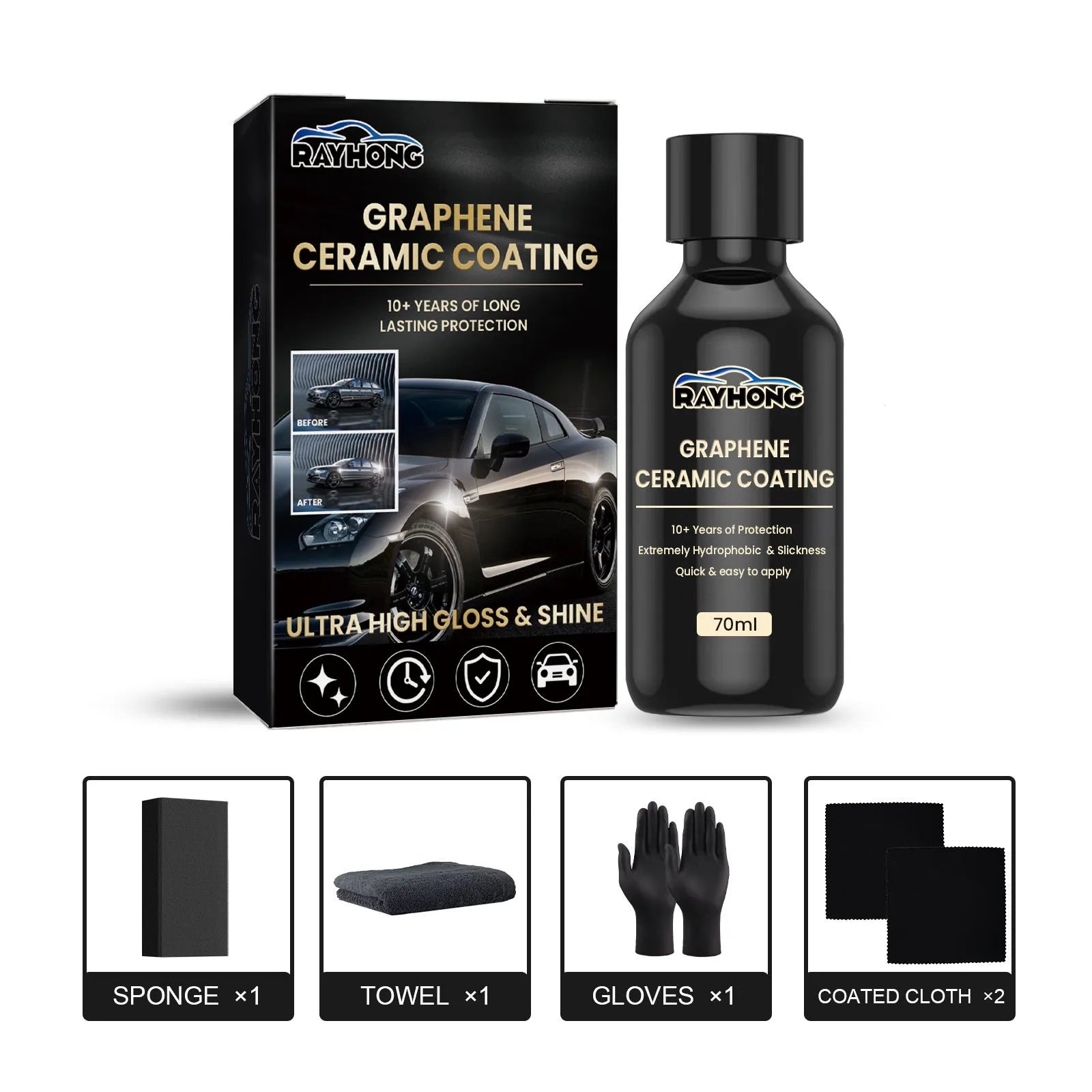 Automotive graphene ceramic coating kit with 70ml bottle, sponge, microfibre towel, gloves and coating cloths