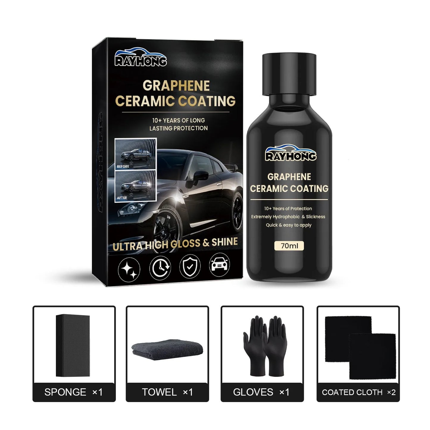 70ml bottle of graphene ceramic coating for cars with sponge, towel, gloves, and cloths