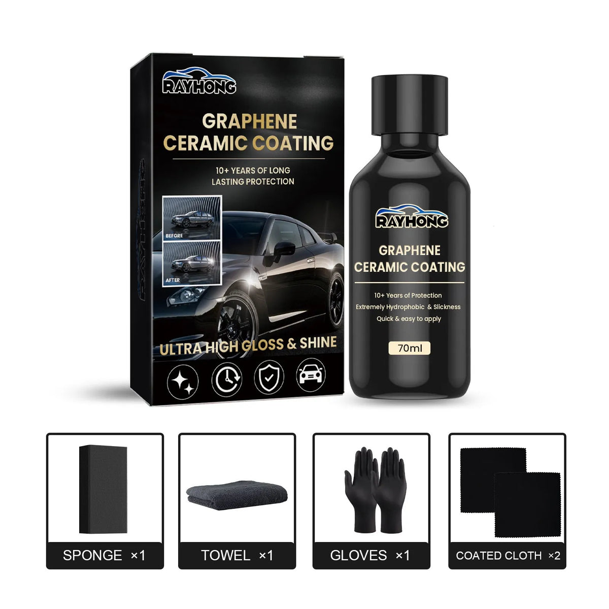 70ml bottle of graphene ceramic coating for cars with sponge, towel, gloves, and cloths