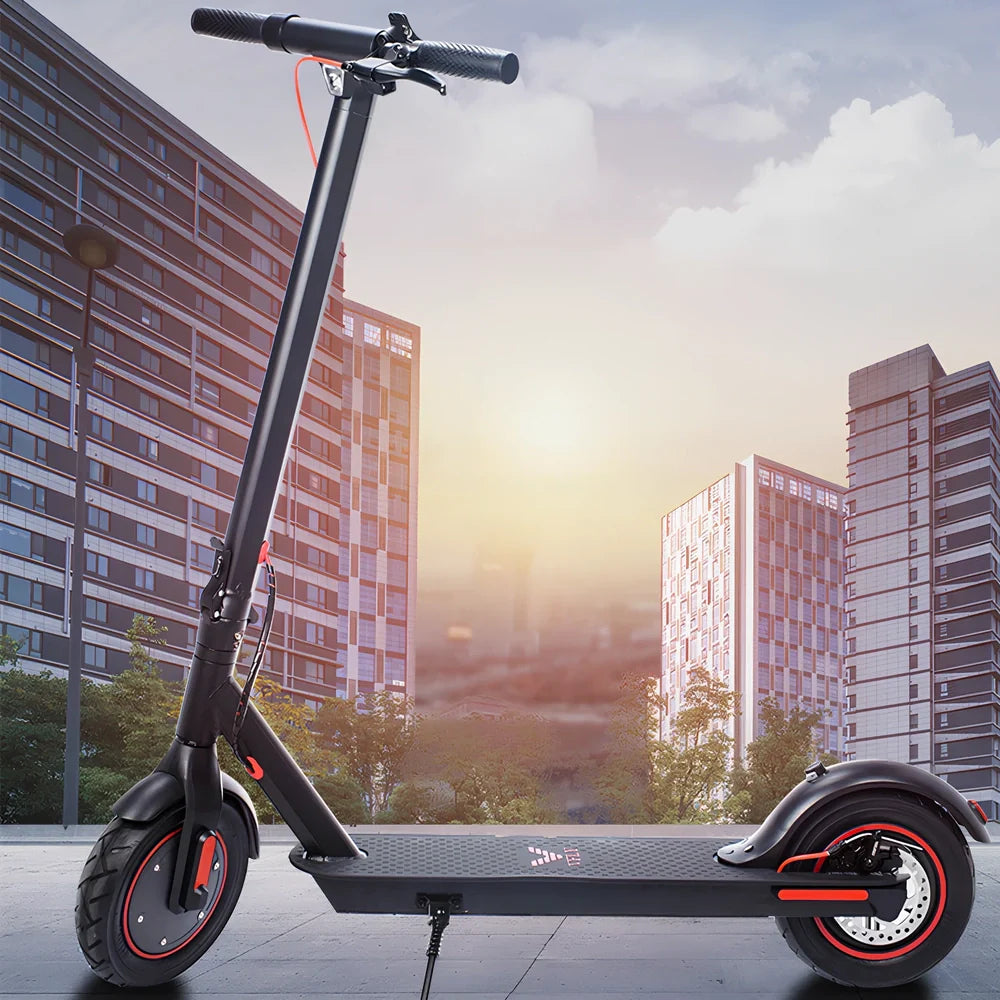 Black aluminum alloy electric folding scooter with 10-inch rubber tires and 500W motor