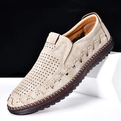Men's brown slip-on casual shoes with round toe and flat sole shown on a white background