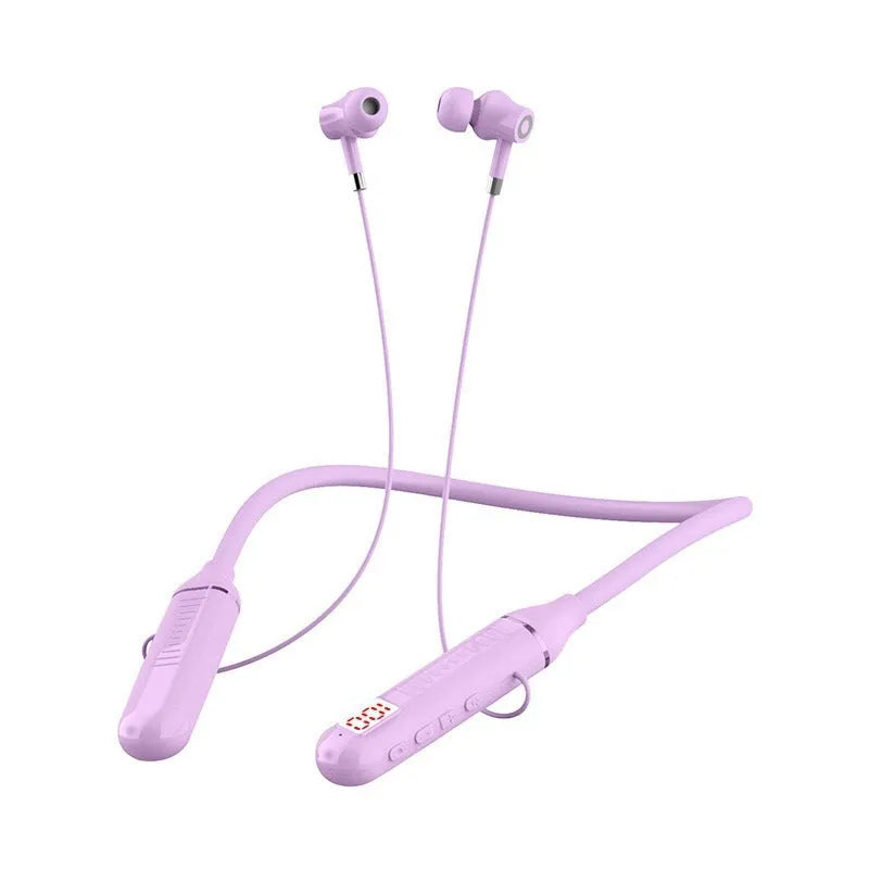 Wireless Bluetooth sports neckband headphones with power display in black, red, purple, or green