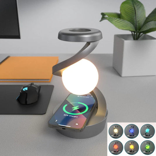 A rotating moon-shaped desk lamp with a wireless charging pad for smartphones, featuring a sleek and modern design.
