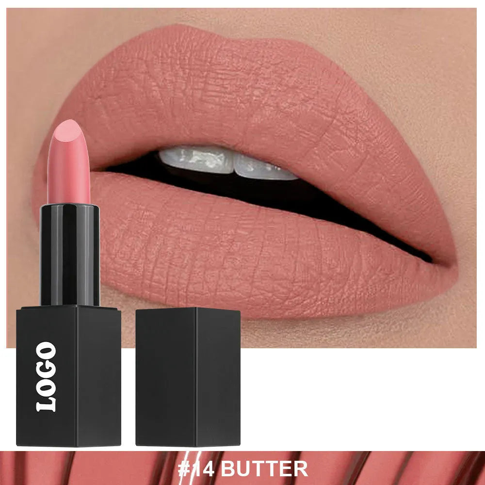Beauty Does Not Fade matte finish lipstick in nonstick cup packaging, showing range of 24 colour shades.