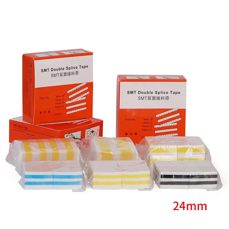 Reels of yellow, black, blue, and beige double-sided splicing tape for SMT placement machines in various widths.