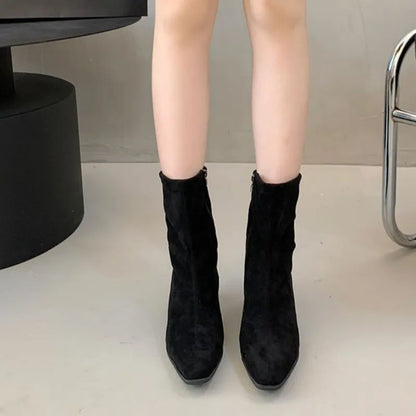 Square toe high heel boots in brown with side zipper, 3-5cm stiletto heel, and waterproof platform