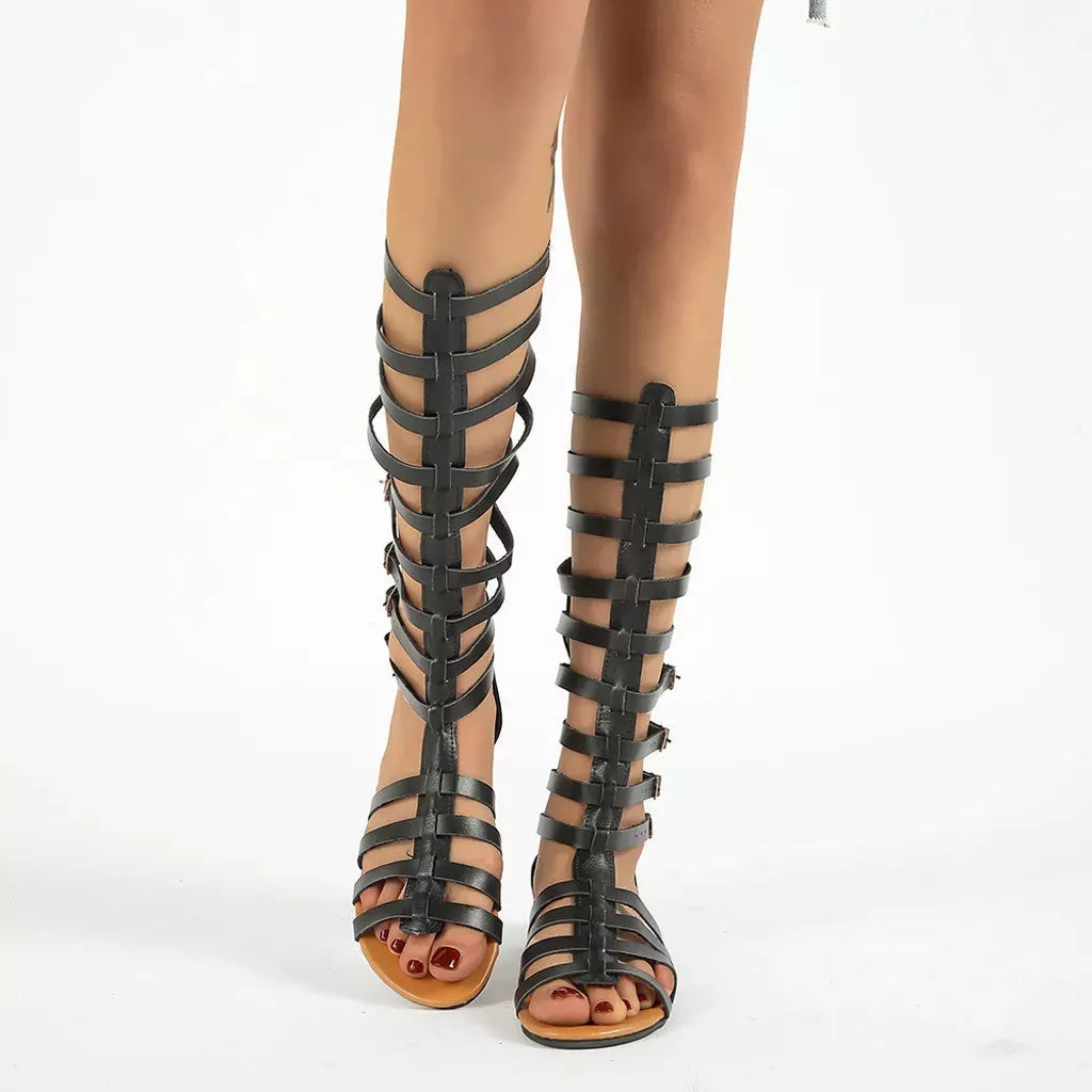 Women's Roman Gladiator Sandals with open toe and belt buckle design in black and gold