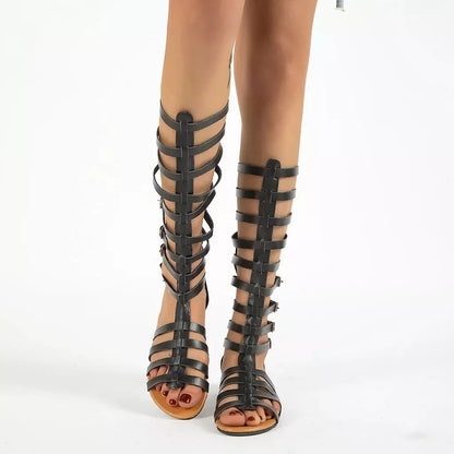 Women's Roman Gladiator Sandals with open toe and belt buckle design in black and gold