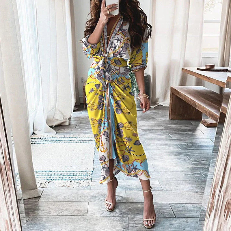 Elegant Floral Print Lace-Up Maxi Dress with Deep V-Neck, Long Sleeves, and Flattering Silhouette