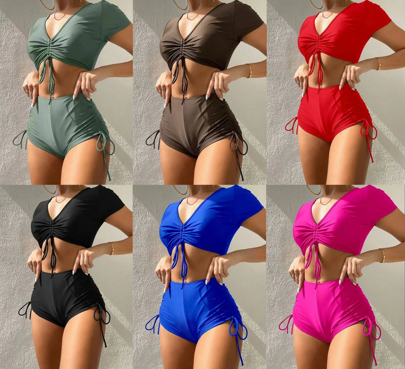 Lady's lace-up bow swimsuit one-piece for swimming and water sports, made from polyester fibre in sizes S, M, L, XL, available in dark green, coffee, red, black, blue, and deep pink