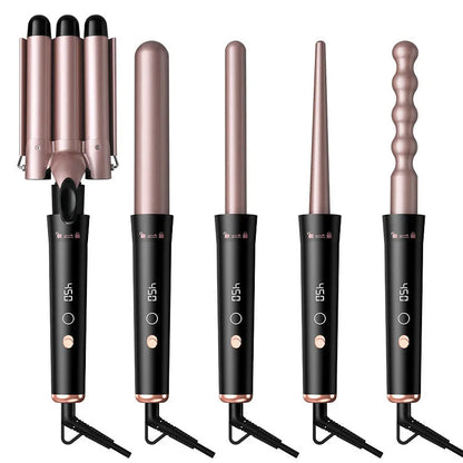 Rose gold five-in-one tube replacement hair curler with LCD screen and negative ion technology