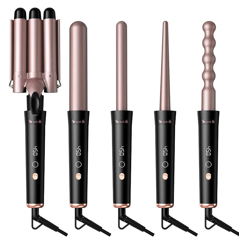 Hair curler with five-in-one tube replacement system and negative ion technology for curling, straightening, and styling with LCD screen display and adjustable voltage from 100V-240V in rose gold colour with included protective gloves