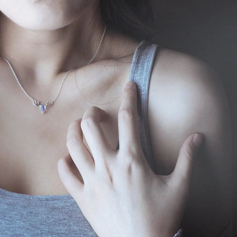 S925 Sterling Silver Elk Necklace with glowing Moonstone Pendant, Korean style jewelry