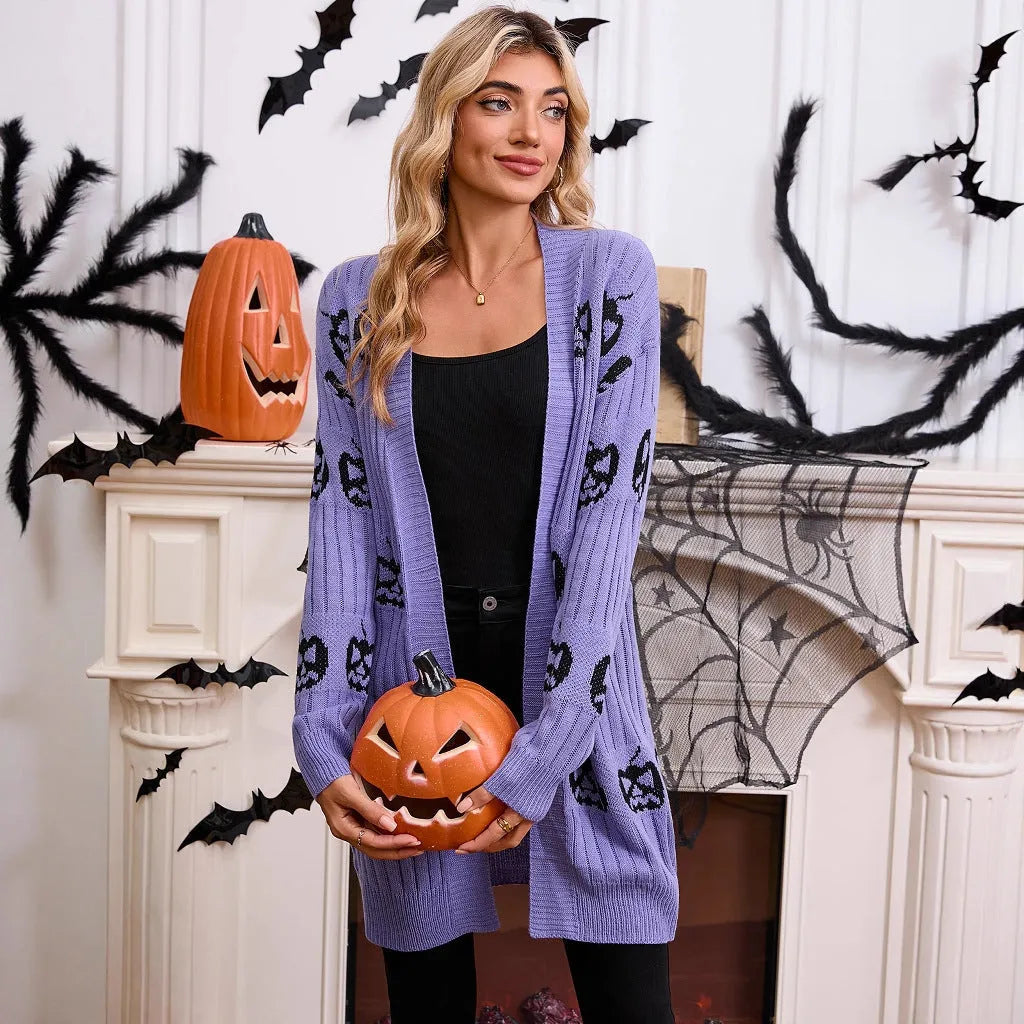 Women's black pumpkin head jacquard knitted cardigan with regular sleeves and straight cut