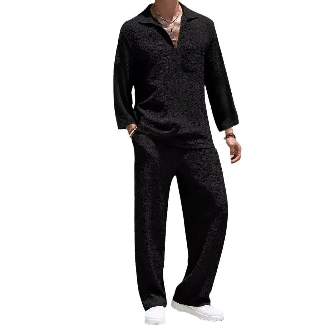 Men's casual shirt and trousers set in lake blue with shirt-style jacket and matching trousers for autumn leisure wear