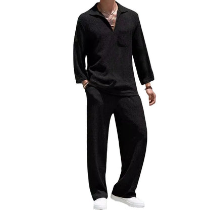 Men's casual shirt and trousers set in lake blue with shirt-style jacket and matching trousers for autumn leisure wear
