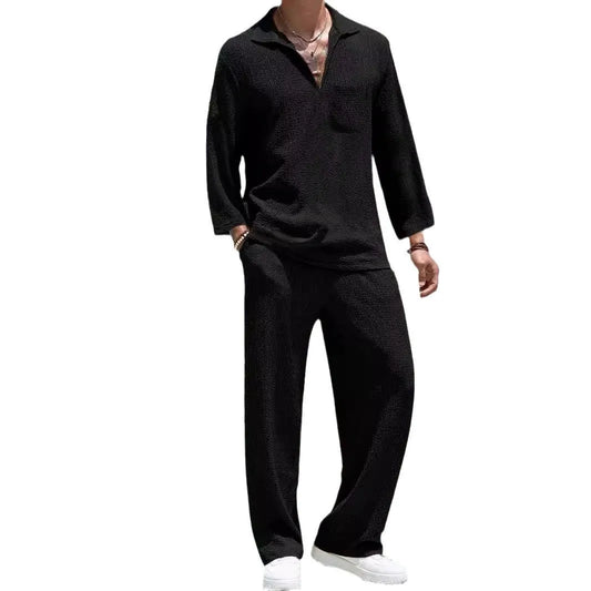 Men's casual shirt and trousers set in lake blue with shirt-style jacket and matching trousers for autumn leisure wear