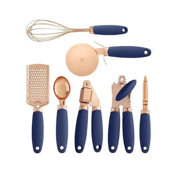 Rose gold stainless steel kitchen tool set with copper accents including peeler and utensils in six colour options