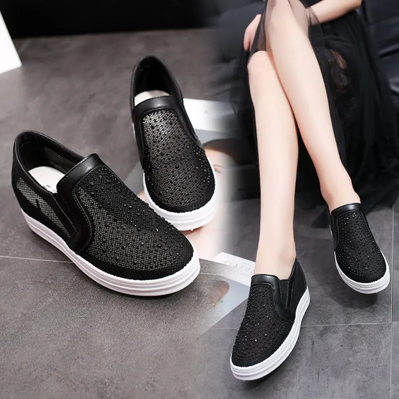 Women's black and white mesh slip-on wedge shoes with rubber sole and round toe