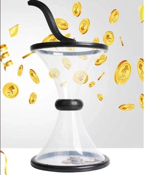 Transparent vortex piggy bank with coins spiraling down, fun and educational
