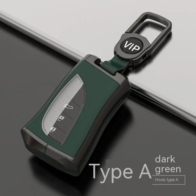 Lexus car key case cover in zinc alloy and TPU shown in black, with optional belt buckle attachment.