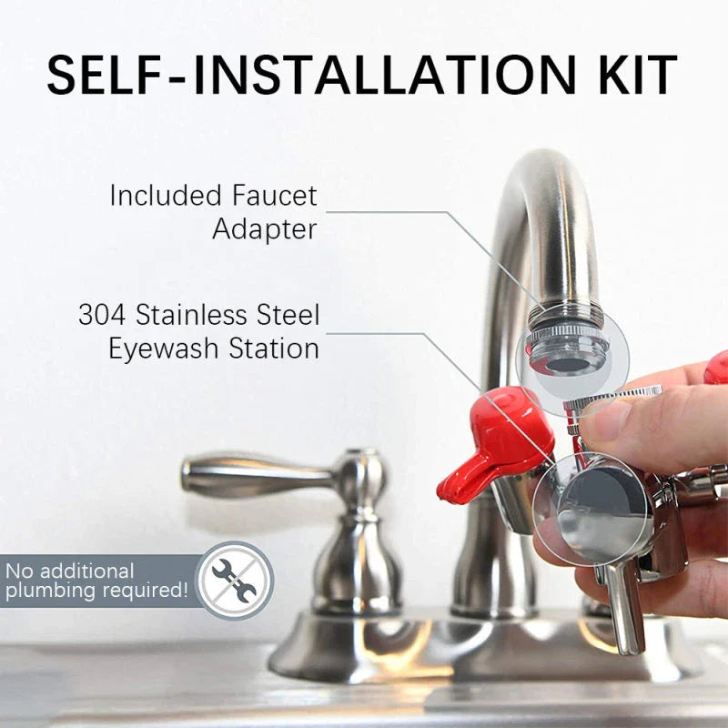 Versatile wall-mounted emergency eyewash station with dual spray heads for comprehensive eye coverage and hands-free 360-degree rotation