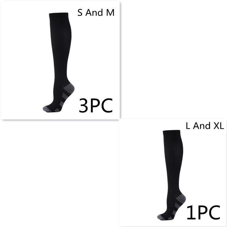 Athletic compression socks with three-bar design in black, pink, and white
