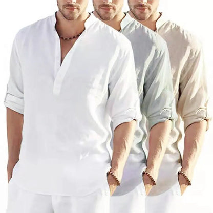 Men's light blue cotton linen long sleeve shirt with stand collar, button front, and rolled-up sleeves