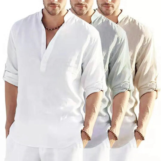 Men's light blue cotton linen long sleeve shirt with stand collar, button front, and rolled-up sleeves