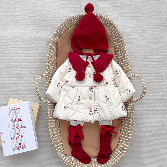 Baby girl's beige apricot cotton coat with cartoon pattern and fleece lining for winter
