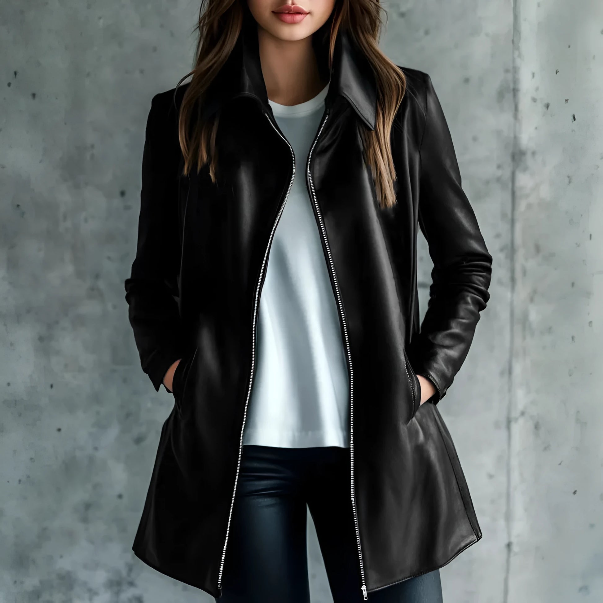 Women's black leather-style jacket with medium 65cm length and long sleeves