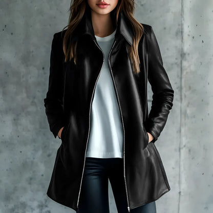 Women's black leather-style jacket with medium 65cm length and long sleeves