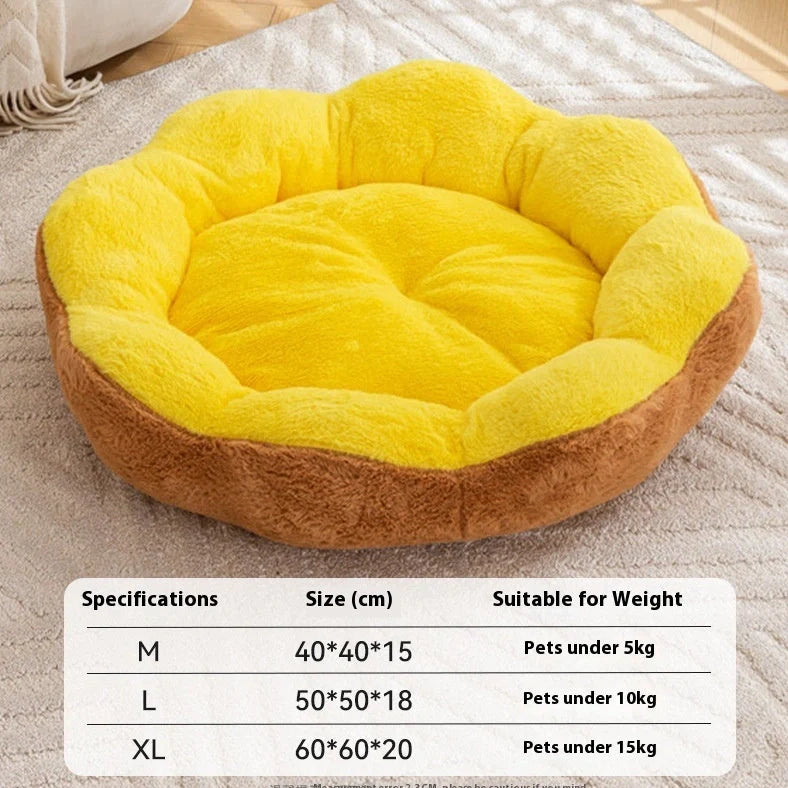Round detachable washable pet bed with raised sides showing brown grey colour option