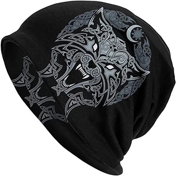 A black cotton hat with a white Viking wolf graphic and an elasticated sleeve cap construction.