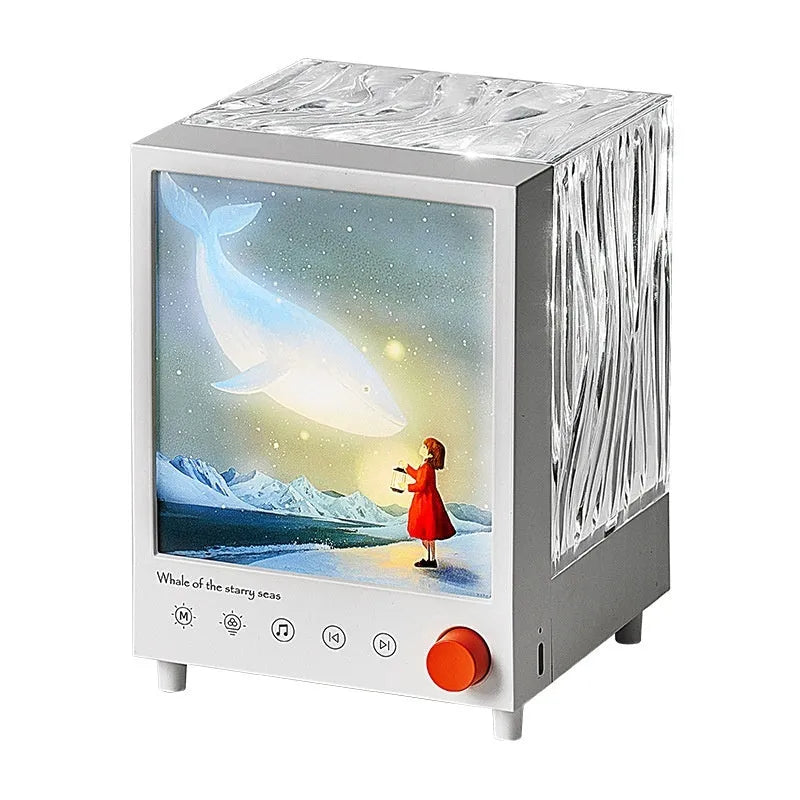 Aurora Treasure Box projection lamp showing Star Sea Whale light pattern with Bluetooth speaker, dimensions 11.98cm x 12.8cm x 16.23cm