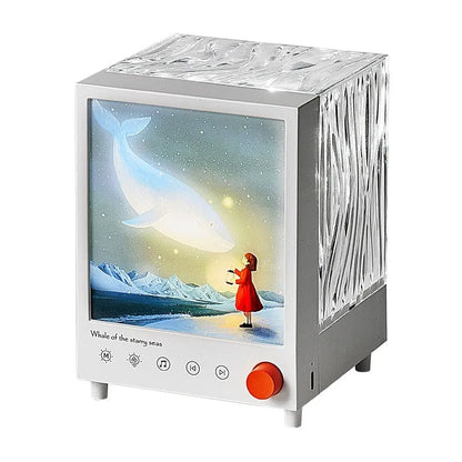 Aurora Treasure Box projection lamp showing Star Sea Whale light pattern with Bluetooth speaker, dimensions 11.98cm x 12.8cm x 16.23cm