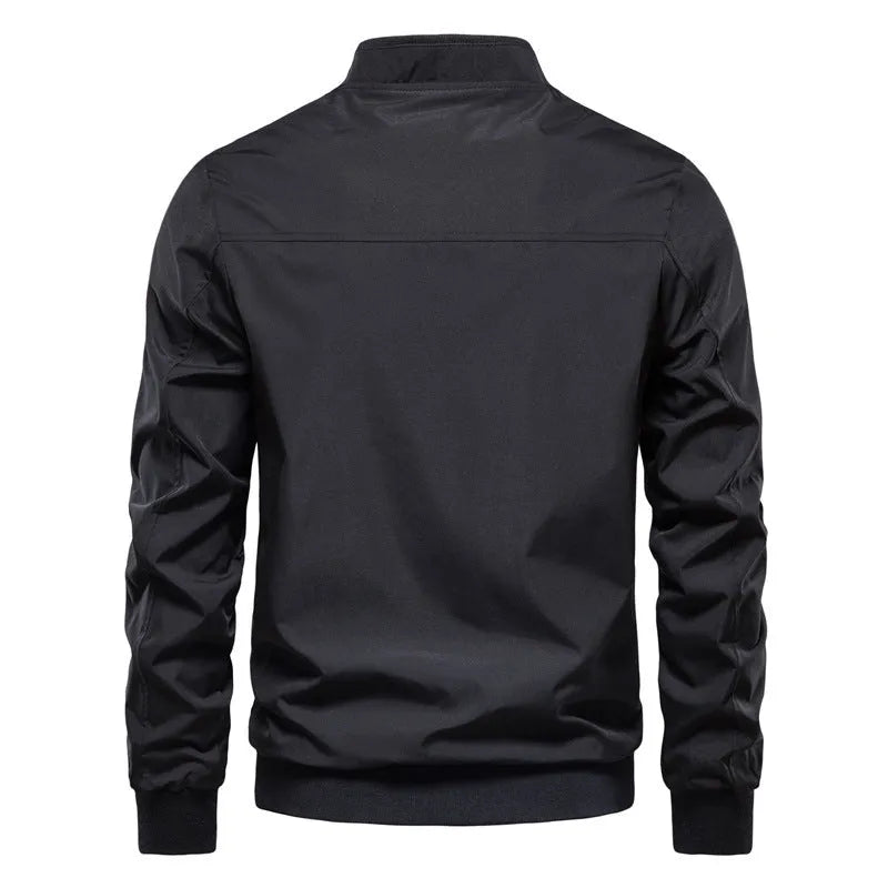Men's thin polyester jacket in dark blue, black, or army green with continental sizing from S to XXL for casual wear.