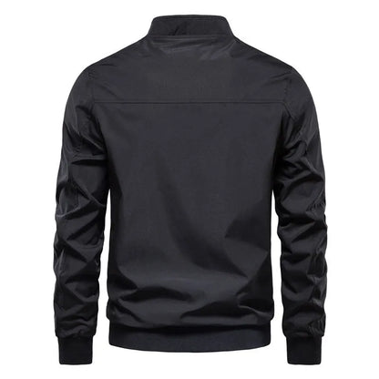 Men's thin polyester jacket in dark blue, black, or army green with continental sizing from S to XXL for casual wear.