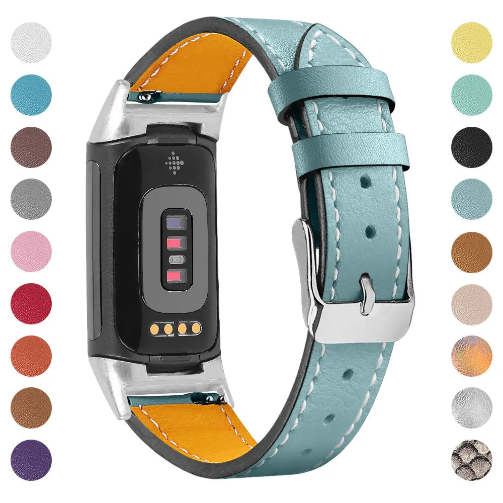 Genuine leather strap for Fitbit charge5 and charge6 in selected colour with adjustable buckle showing 5.5-8.1 inch length
