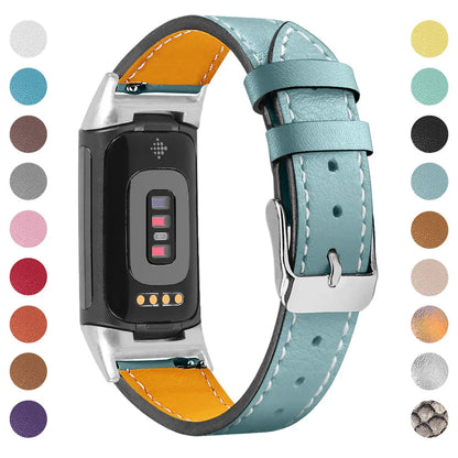 Genuine leather strap for Fitbit charge5 and charge6 in selected colour with adjustable buckle showing 5.5-8.1 inch length