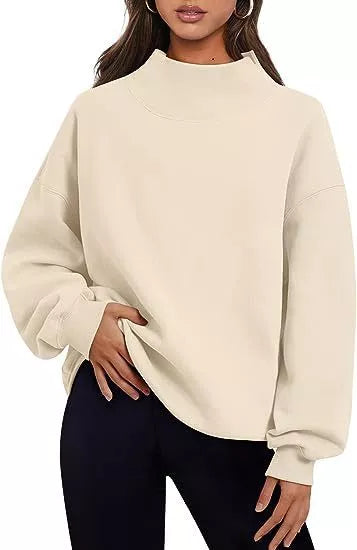 Women's solid color pullover sweatshirt with round neck and loose fit