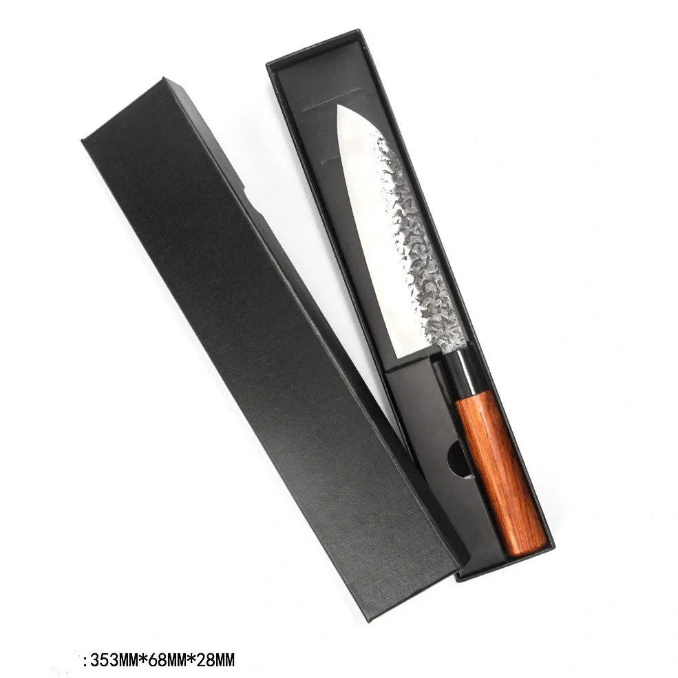 Handmade hammered forged Santoku knife with 18cm stainless steel blade and full tang handle