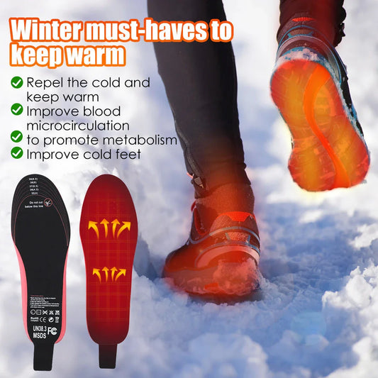 Heated insoles for men and women with rechargeable electric foot warming pads, designed to fit any size boot or shoe