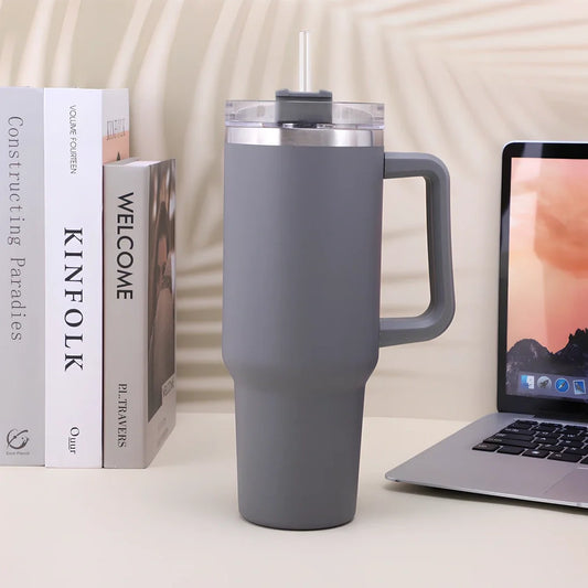 Black 40 oz stainless steel thermos cup with handle, double-wall insulation, Nordic style for office or outdoor use