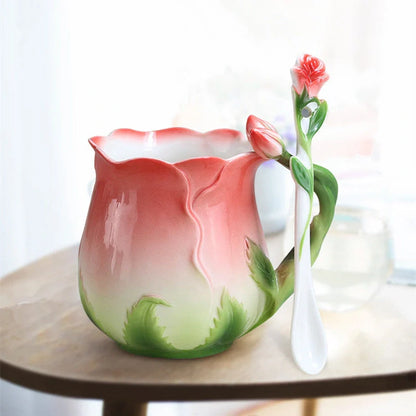 Hand-painted rose ceramic coffee mug with spoon, 320ml capacity, enamel porcelain material