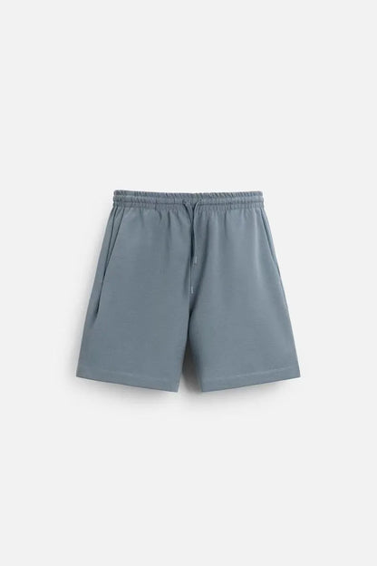 Loose double-sided cloth texture short sleeve set with round collar and matching shorts in blue colour