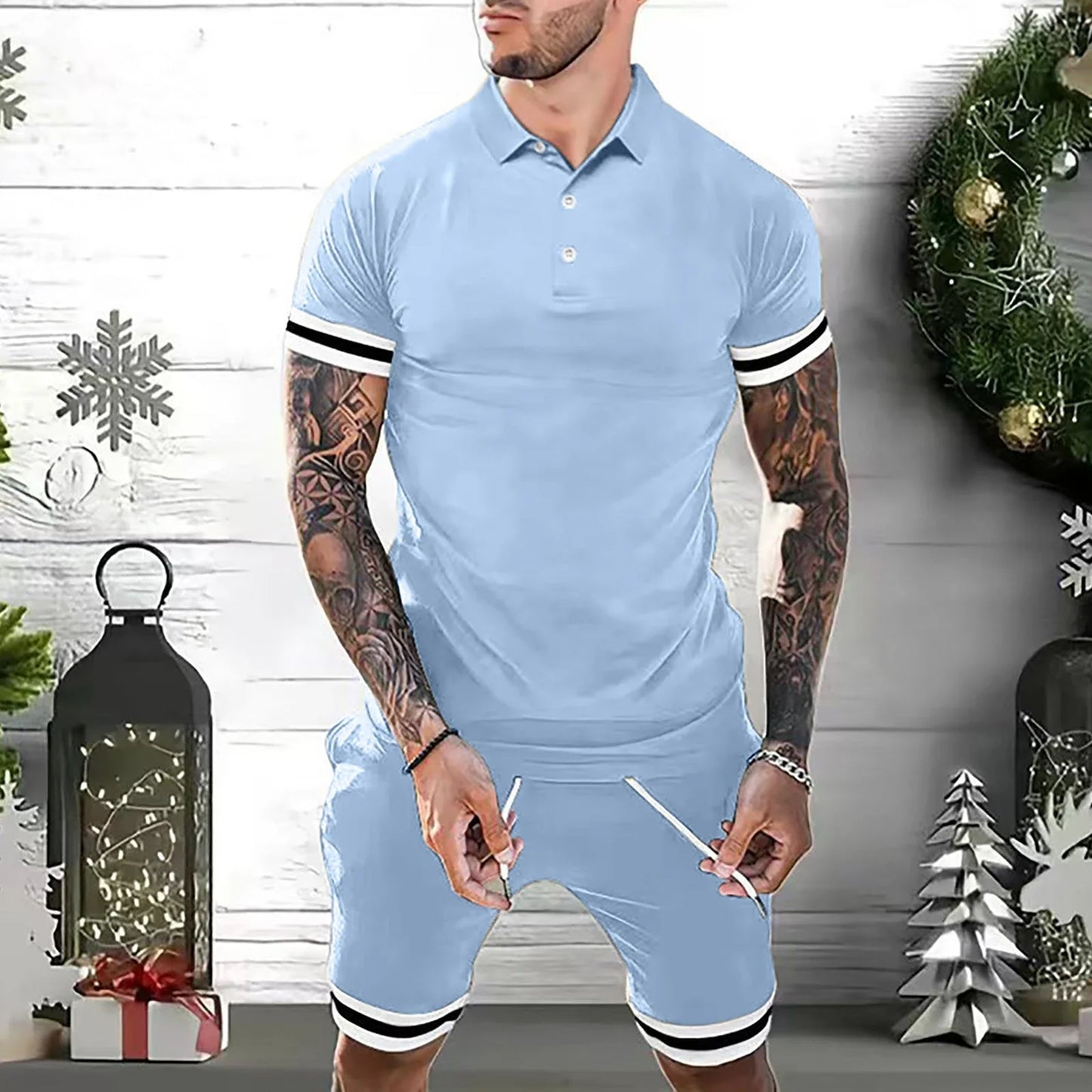 Men's two-piece casual outfit featuring a polo shirt and athletic shorts in various colors and sizes