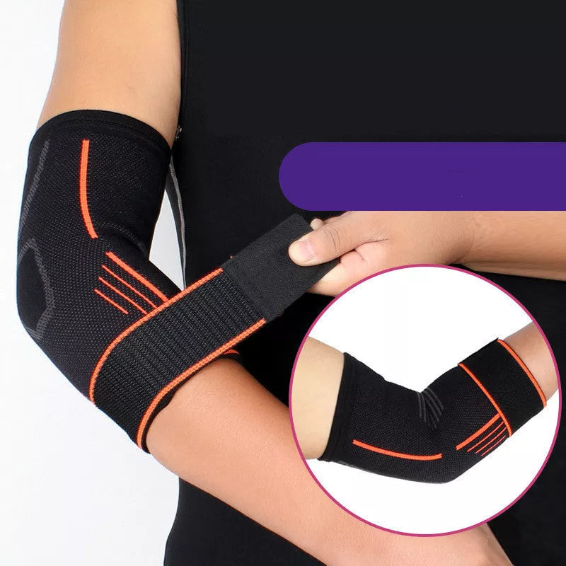Breathable knitted sports elbow guard with adjustable straps in black and orange
